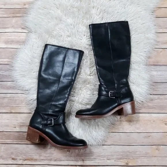 Coach'Cecelia' Black Brown Leather Buckle Heeled Knee High